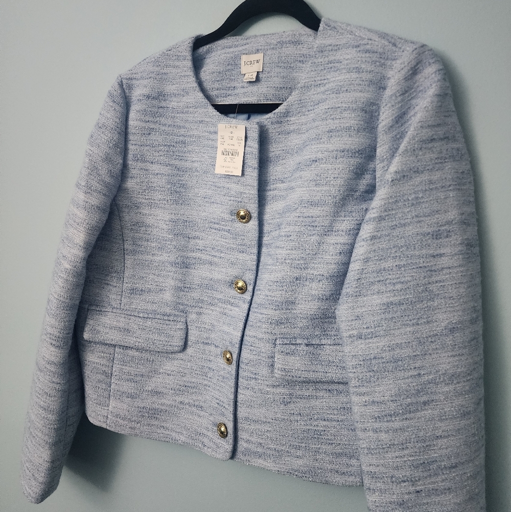 J. Crew Women's Pale Blue Collarless Tweed Jacket with Gold Buttons